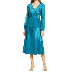 🆕KOMAROV Long Sleeve Crinkle Midi Dress Peacock (Teal Aqua Blue) Large (10-12)